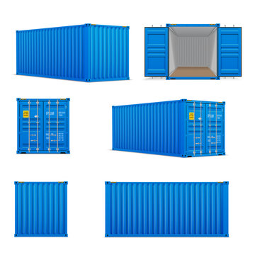 Realistic set of bright blue  cargo containers.   Front, side back and perspective view