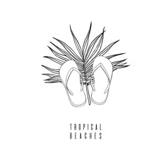 Beach vacation icon in tropical countries. Palm tree leaves and flip flops. Hand drawn graphic linear illustration.