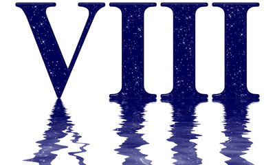 Roman numeral 8, eight, star sky texture imitation, reflected on the water surface, isolated on white, 3d render