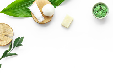 homemade spa with woman cosmetics on white background top view copyspace