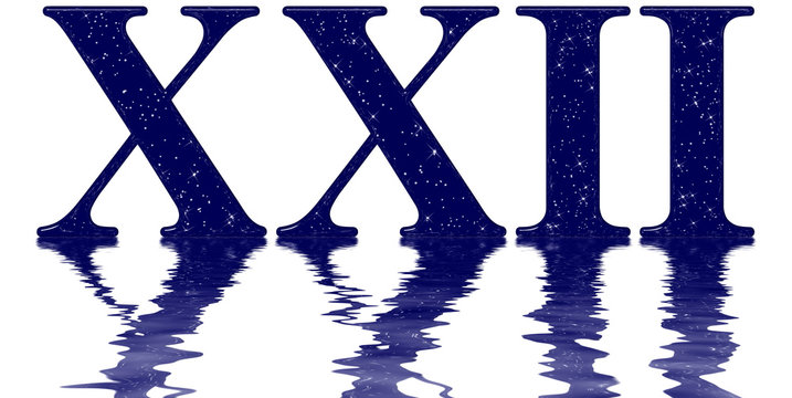 Roman numeral 22, twenty two, star sky texture imitation,, reflected on the water surface, isolated on white, 3d render