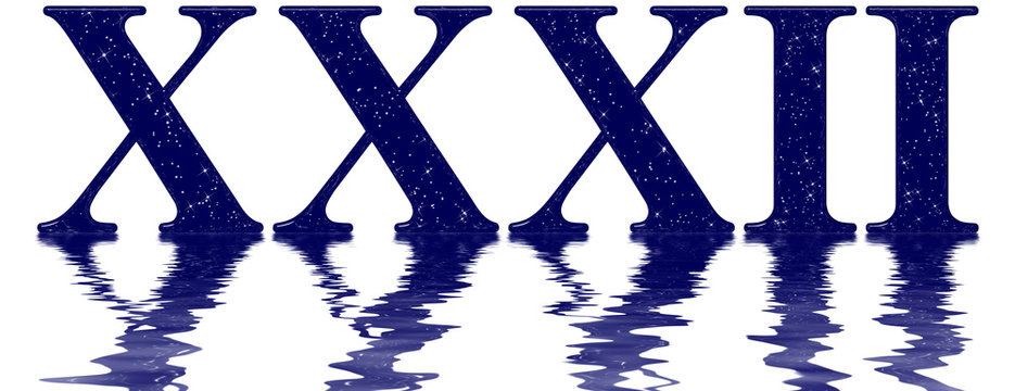 Roman numeral 32, thirty two, star sky texture imitation, reflected on the water surface, isolated on white, 3d render