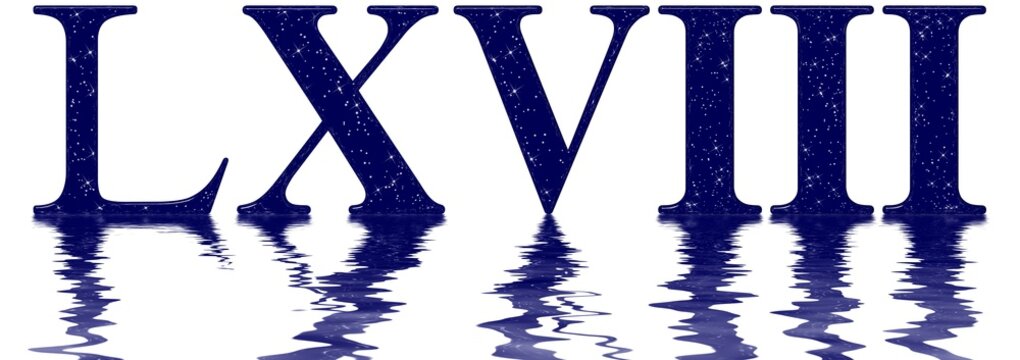Roman numeral 68, sixty eight, star sky texture imitatio, reflected on the water surface, isolated on white, 3d render