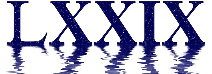Roman numeral 79, seventy nine, star sky texture imitation, reflected on the water surface, isolated on white, 3d render