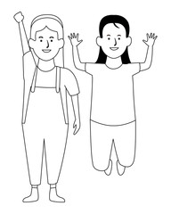 Two kids smiling cartoons in black and white