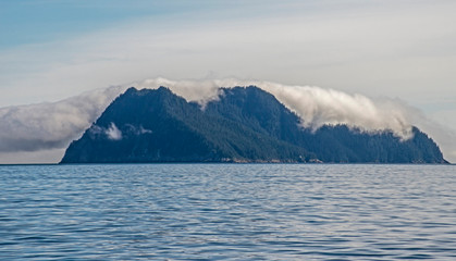 A covering of fog creates strange shapes around boulders in Resurrection Bay, Alaska.