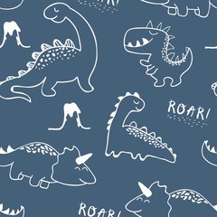 childish dinosaur seamless pattern for fashion clothes, fabric, t shirts. hand drawn vector
