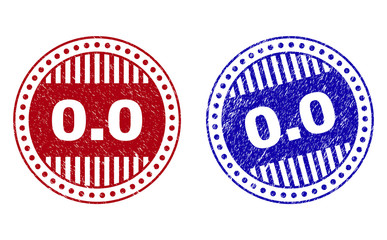 Grunge 0.0 round stamp seals isolated on a white background. Round seals with grunge texture in red and blue colors. Vector rubber watermark of 0.0 caption inside circle form with stripes.