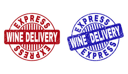 Grunge EXPRESS WINE DELIVERY round stamp seals isolated on a white background. Round seals with grunge texture in red and blue colors.