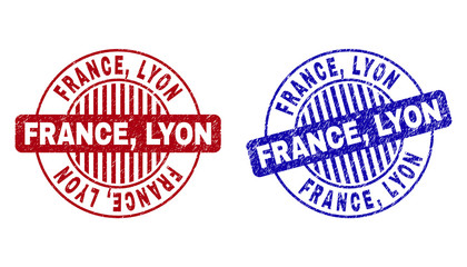 Grunge FRANCE, LYON round stamp seals isolated on a white background. Round seals with grunge texture in red and blue colors. Vector rubber imitation of FRANCE,