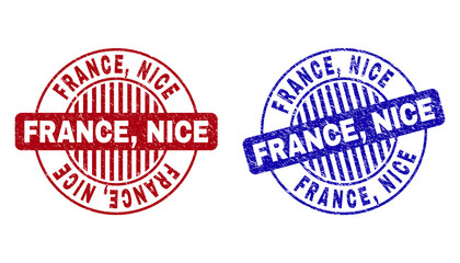 Grunge FRANCE, NICE round stamp seals isolated on a white background. Round seals with grunge texture in red and blue colors. Vector rubber imitation of FRANCE,