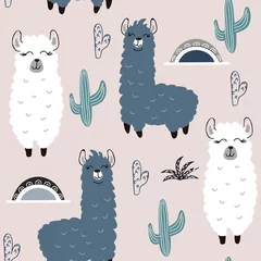 Keuken foto achterwand Uit de natuur Naadloos patroon met lama en cactus. vectorillustratie voor stof, textiel,