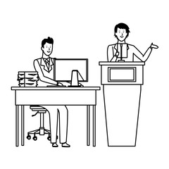 men in a podium and office desk black and white