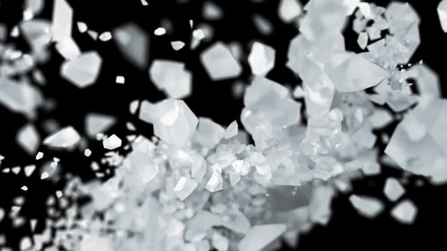Ice cube explosion in slow motion cg 3d animation on black isolated background