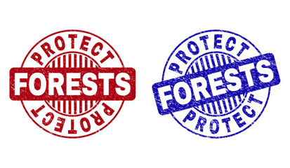 Grunge PROTECT FORESTS round stamp seals isolated on a white background. Round seals with grunge texture in red and blue colors.