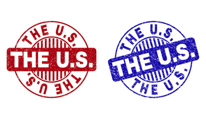 Grunge THE U.S. round stamp seals isolated on a white background. Round seals with grunge texture in red and blue colors. Vector rubber imprint of THE U.S. caption inside circle form with stripes.