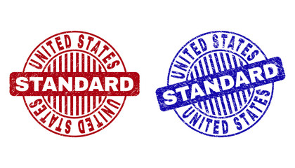 Grunge UNITED STATES STANDARD round stamp seals isolated on a white background. Round seals with grunge texture in red and blue colors.