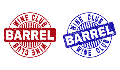 Grunge WINE CLUB BARREL round stamp seals isolated on a white background. Round seals with grunge texture in red and blue colors.