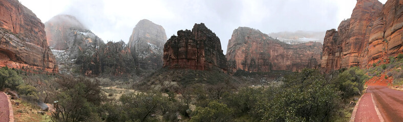 Stunning Panorama of  Zion Landscape in the Mist