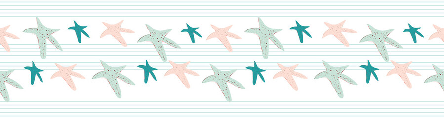 Fototapeta na wymiar Coastal, beachy starfish seamless border. Turquoise pinstripes and sea stars on a white background. Seamless vector design with fresh clean look for vacation, beach wedding, resort and spa ideas.
