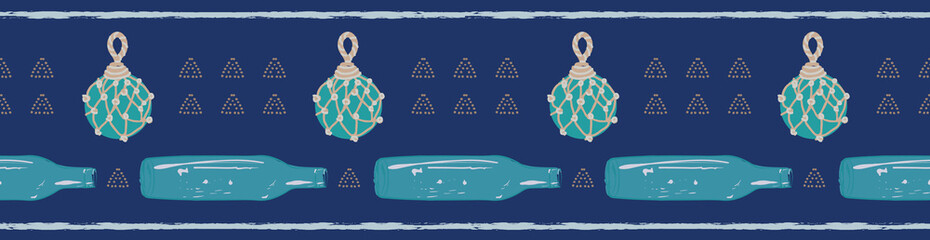 Maritime glass fishing net floats and bottles in a seamless pattern. Vector design in navy blue, teal and light brown. Great for textiles, birthdays, Father's Day cards and gift wrapping ribbon. © Lori Krout Design