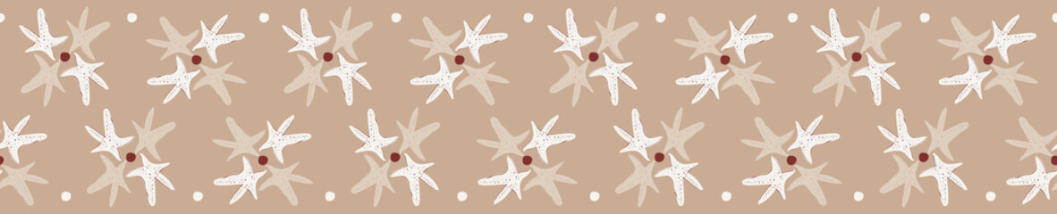 Beach sea star seamless pattern. Starfish form flower shapes repeating on a brown sandy background. Great for wedding, spa or resort stationery, textiles, gift wrapping ribbon or product packaging.