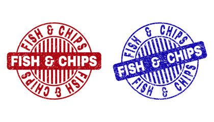 Grunge FISH & CHIPS round stamp seals isolated on a white background. Round seals with grunge texture in red and blue colors.