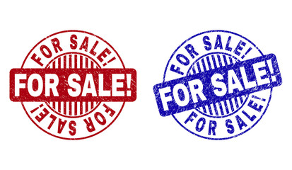 Grunge FOR SALE! round stamp seals isolated on a white background. Round seals with grunge texture in red and blue colors. Vector rubber watermark of FOR SALE! title inside circle form with stripes.