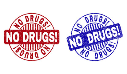 Grunge NO DRUGS! round stamp seals isolated on a white background. Round seals with distress texture in red and blue colors. Vector rubber overlay of NO DRUGS! caption inside circle form with stripes.