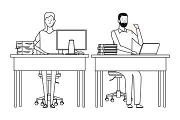 couple in a office desk black and white