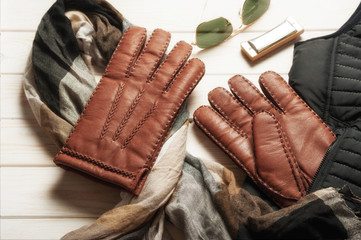 closeup brown leather gloves