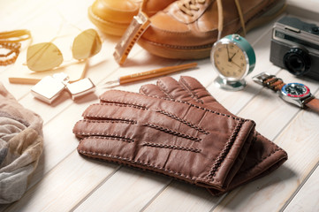 closeup brown leather gloves