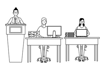 people in podium and desk black and white