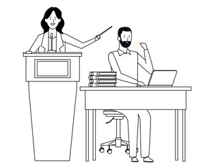 couple in a podium and office desk black and white