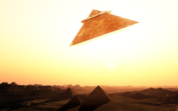 concept of flying pyramid shape alien spaceship over a desert planet