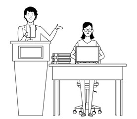 couple in a podium and office desk black and white