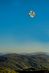A bunch of colorful balloons are let loose on a mountain top.