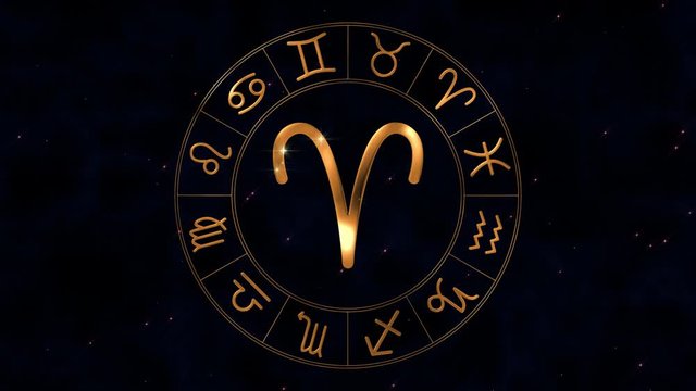 Golden zodiac horoscope spinnig wheel with Aries (Ram) sign in center