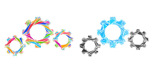 Triangle mosaic Gear transmission icons designed from triangle items in variable sizes, positions and proportions. Vector triangular polygons are composed into abstract shape gear transmission icons,