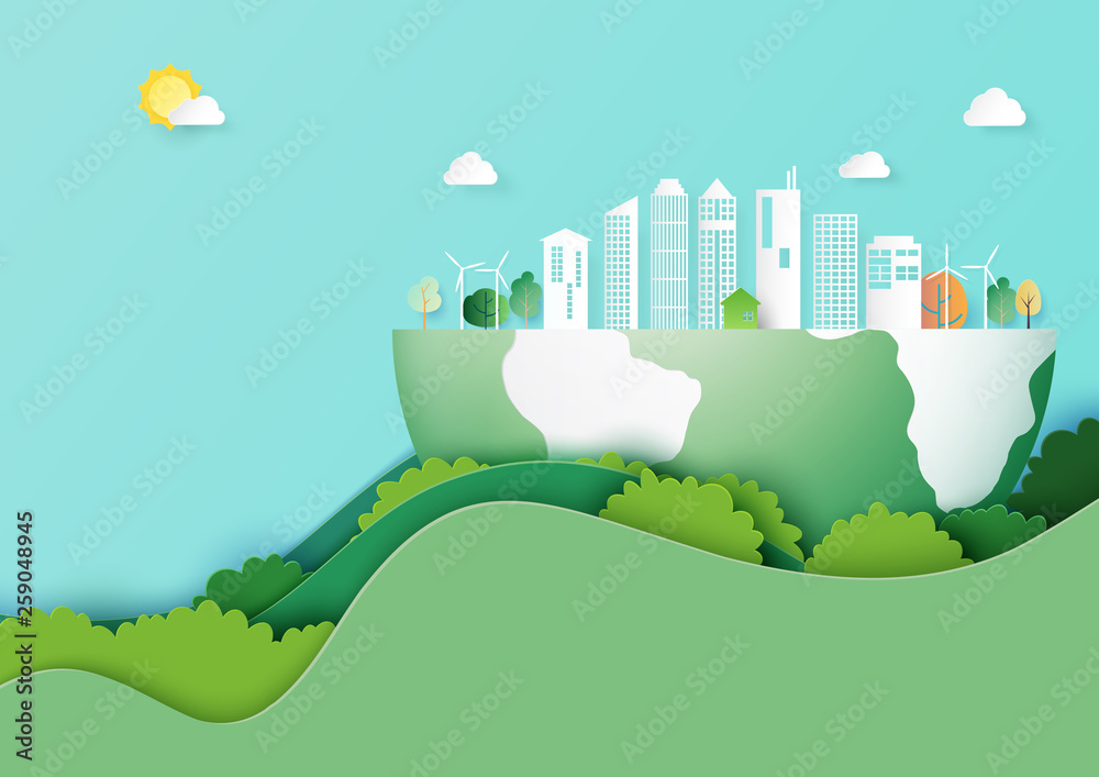 Poster ecology and environment conservation concept.paper art of nature concept with save the earth and gre
