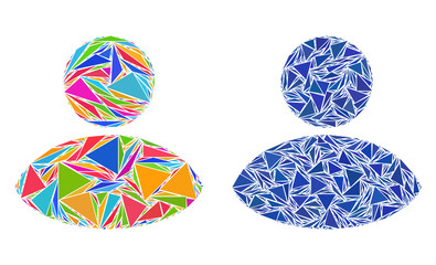 Triangle mosaic User icons united from triangle elements in different sizes, positions and proportions. Vector triangular polygons are grouped into abstract mosaic user icons,