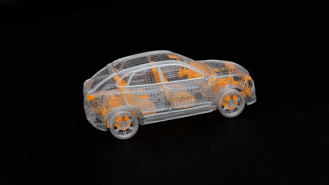 Metallic wire frame of electric SUV on black background.  3D rendering animation.