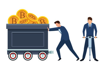 businessmen pushing mining cart with cryptocurrency