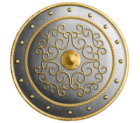 Large metal round shield decorated gold isolated 3d illustration
