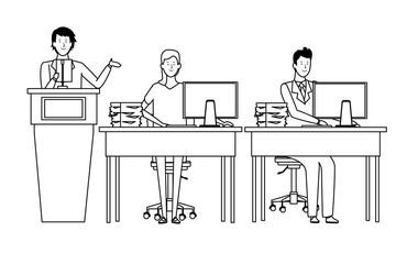 people in podium and desk black and white