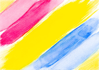 Red yellow and blue abstract watercolor brush stroke on white background.