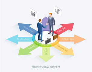 Business partnership conceptual design. Businessman handshake together on top arrow infographics background..