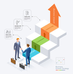 Business partnership conceptual design. Businessman handshake together In front of the stairs with arrow infographics diagram graphic template background.