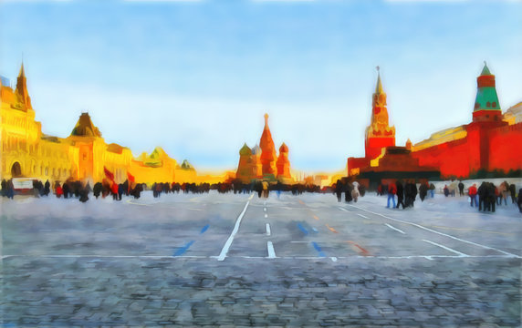 Watercolor. Wide view of the Red Square.