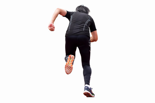 portrait of healthy young male athlete running  (back view) isolated on white background